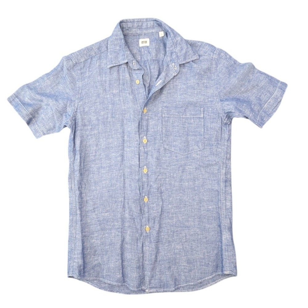 Uniqlo Mens Small Blue Linen Cotton Blend Short Sleeve Button Down Shirt Pocket